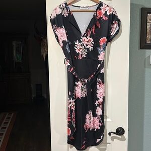 Belted black and floral short sleeve dress